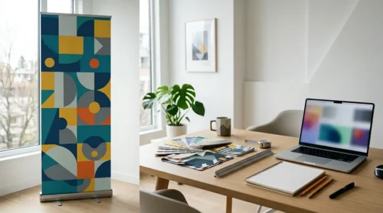 Conception d'un visuel de roll-up professionnel avec éléments graphiques et outils de design sur un bureau d'agence créative