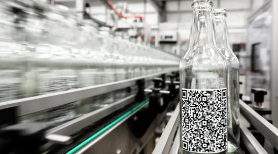 Ligne de production industrielle haute cadence avec système de marquage Datamatrix sur bouteilles en verre