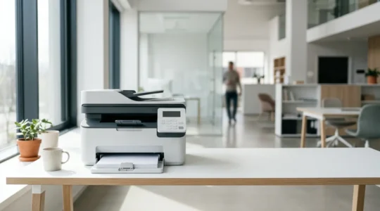 Imprimante multifonction laser couleur moderne dans un environnement d'open-space lumineux et épuré