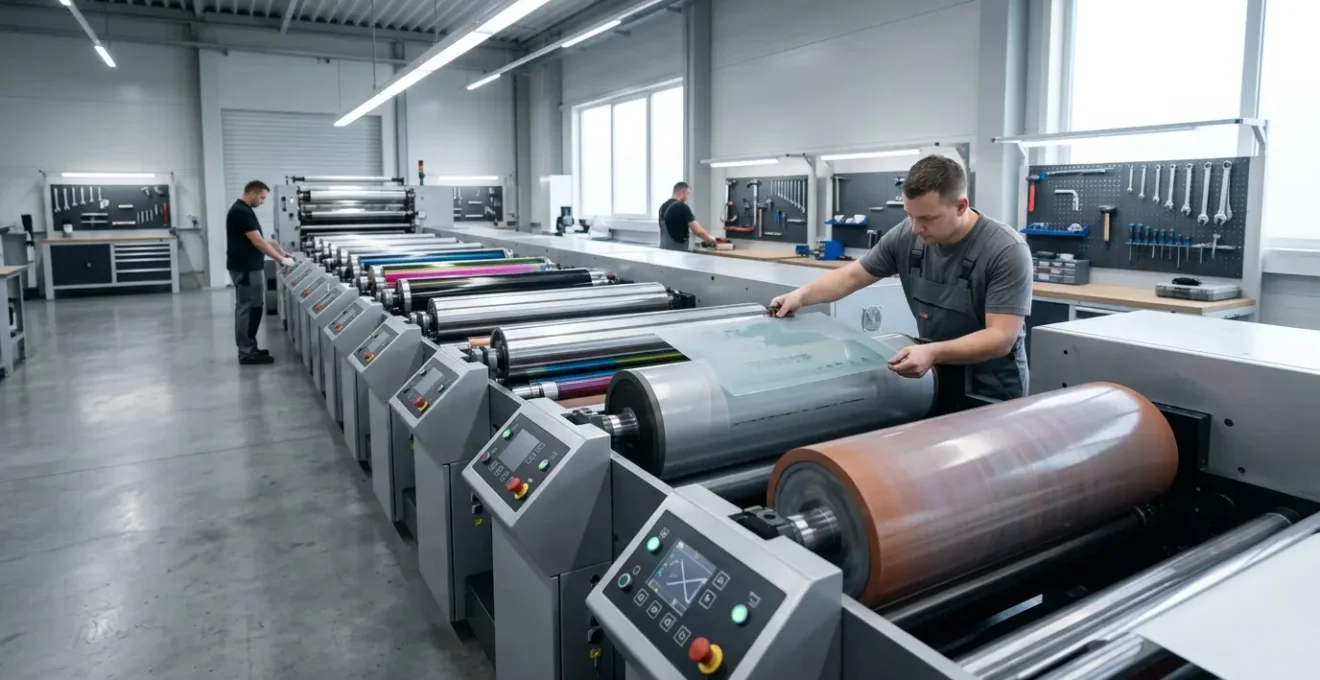 Vue grand angle d'un atelier d'impression flexographique moderne avec rouleaux anilox et clichés en cours de réglage