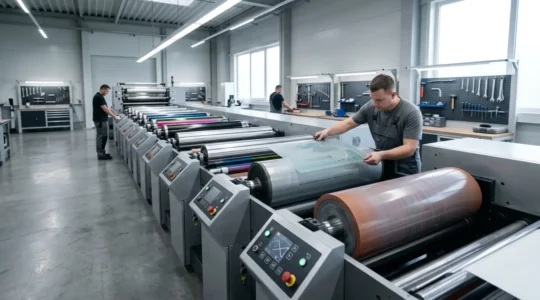 Vue grand angle d'un atelier d'impression flexographique moderne avec rouleaux anilox et clichés en cours de réglage