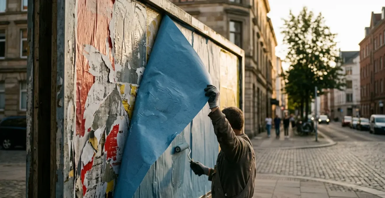 Vue en coupe d'un papier dos bleu masquant parfaitement une affiche colorée sous-jacente dans un environnement urbain