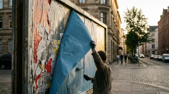Vue en coupe d'un papier dos bleu masquant parfaitement une affiche colorée sous-jacente dans un environnement urbain
