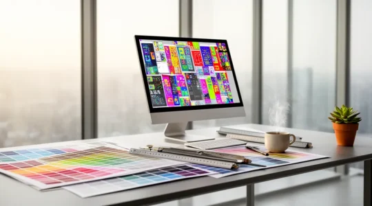 Bureau de graphiste avec écran d'ordinateur affichant un fichier vectoriel grand format et outils de conception