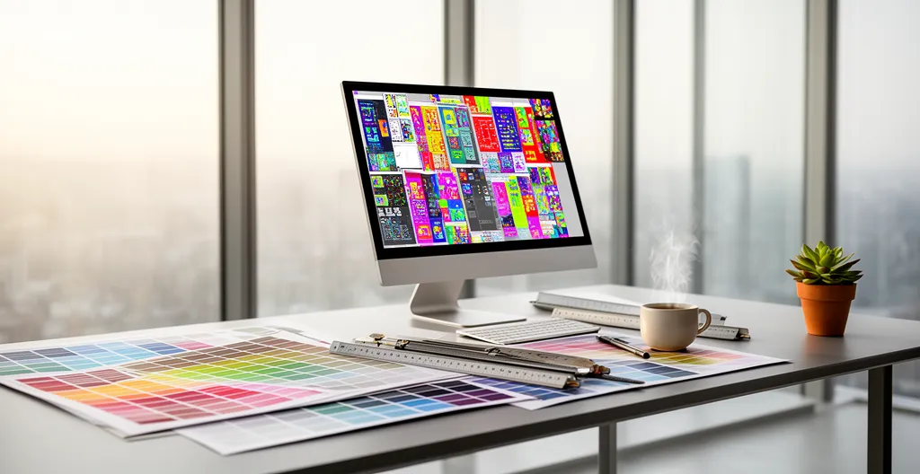 Bureau de graphiste avec écran d'ordinateur affichant un fichier vectoriel grand format et outils de conception
