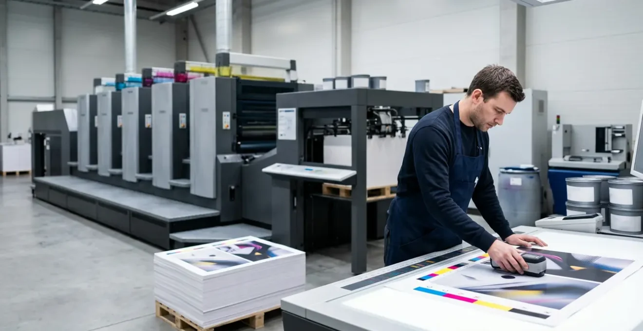 Conducteur offset vérifiant la colorimétrie d'une feuille imprimée avec un spectrophotomètre sur une presse industrielle