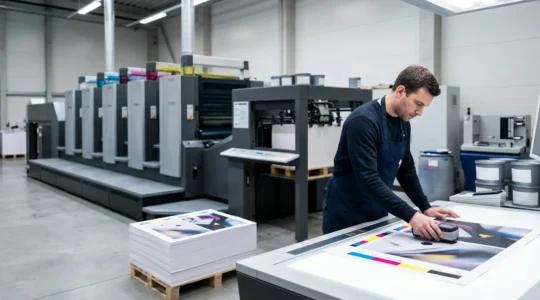 Conducteur offset vérifiant la colorimétrie d'une feuille imprimée avec un spectrophotomètre sur une presse industrielle