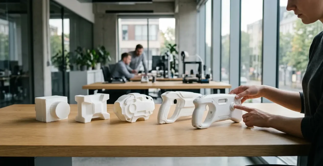 Vue de bureau d'ingénierie avec des prototypes 3D successifs d'un même produit montrant l'évolution du design
