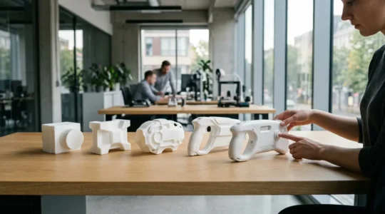 Vue de bureau d'ingénierie avec des prototypes 3D successifs d'un même produit montrant l'évolution du design