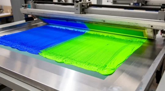 Atelier de sérigraphie industrielle montrant l'impression d'un panneau signalétique avec une épaisse couche d'encre résistante aux UV