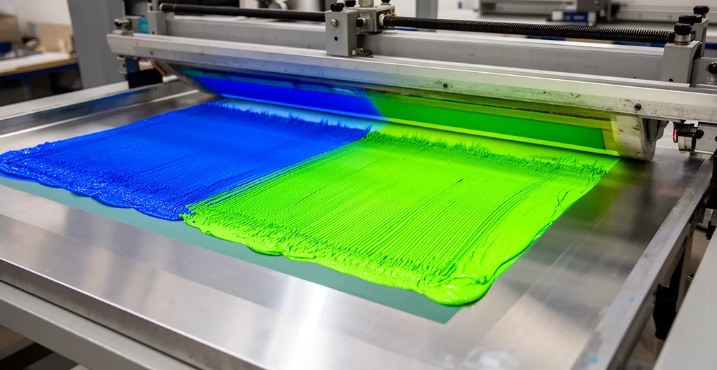 Atelier de sérigraphie industrielle montrant l'impression d'un panneau signalétique avec une épaisse couche d'encre résistante aux UV