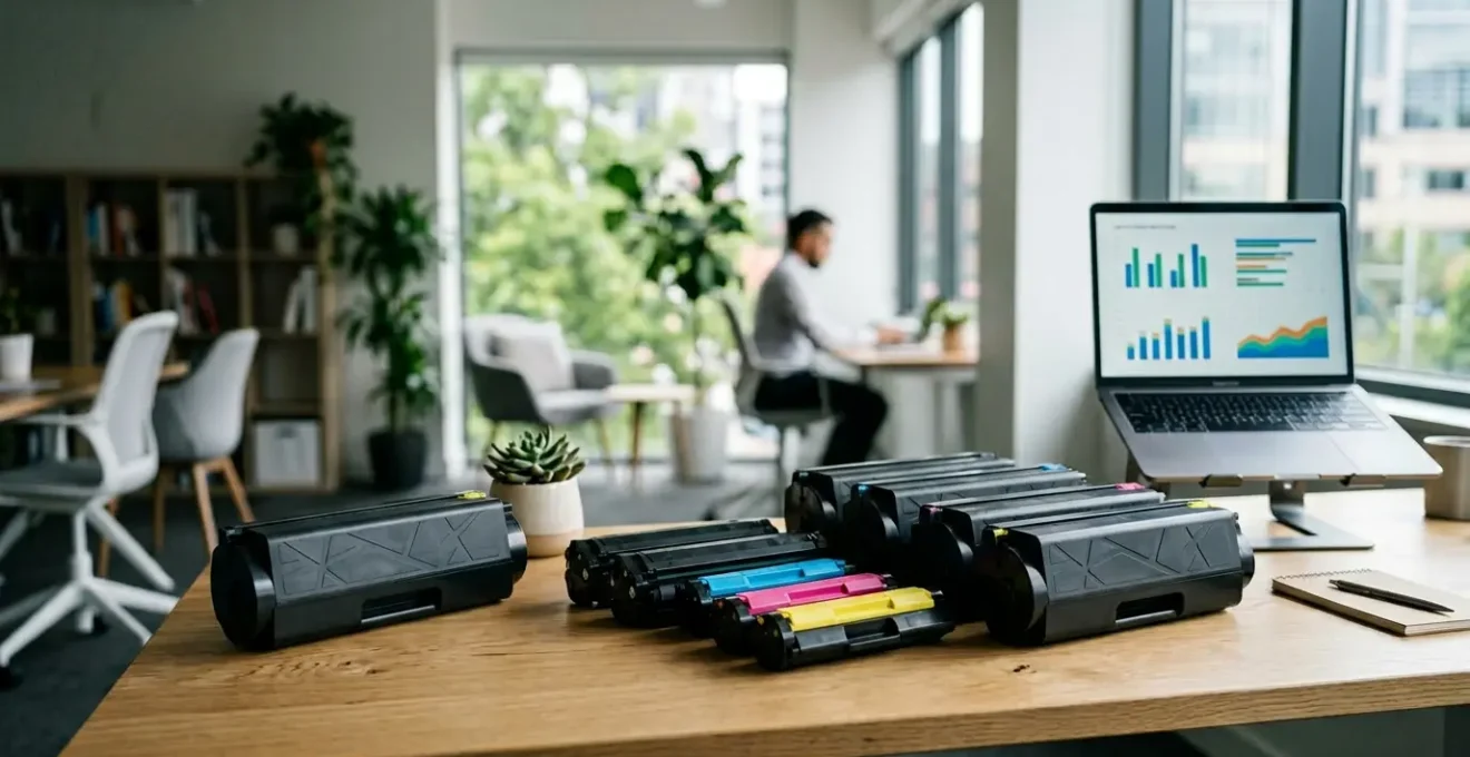 Bureau moderne avec calculs de rentabilité des toners XL affichés sur un ordinateur et plusieurs cartouches de toner comparées