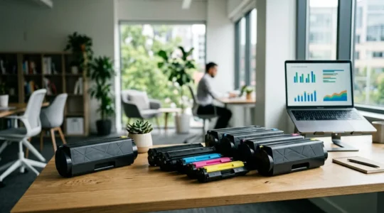 Bureau moderne avec calculs de rentabilité des toners XL affichés sur un ordinateur et plusieurs cartouches de toner comparées