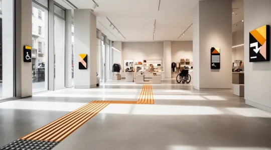 Intérieur de magasin moderne avec signalétique accessible incluant pictogrammes contrastés et bandes podotactiles