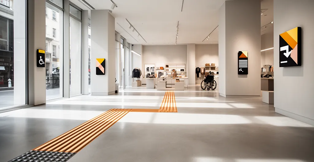 Intérieur de magasin moderne avec signalétique accessible incluant pictogrammes contrastés et bandes podotactiles