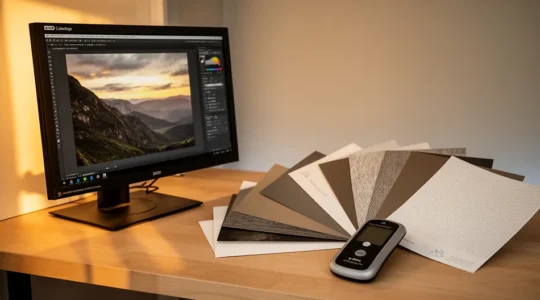 Configuration professionnelle d'épreuvage écran avec moniteur calibré et échantillons de papiers mats texturés