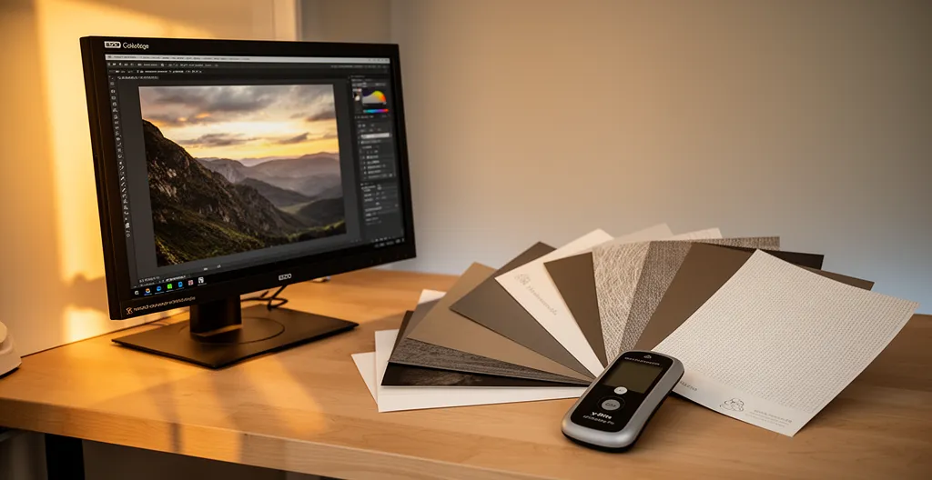 Configuration professionnelle d'épreuvage écran avec moniteur calibré et échantillons de papiers mats texturés