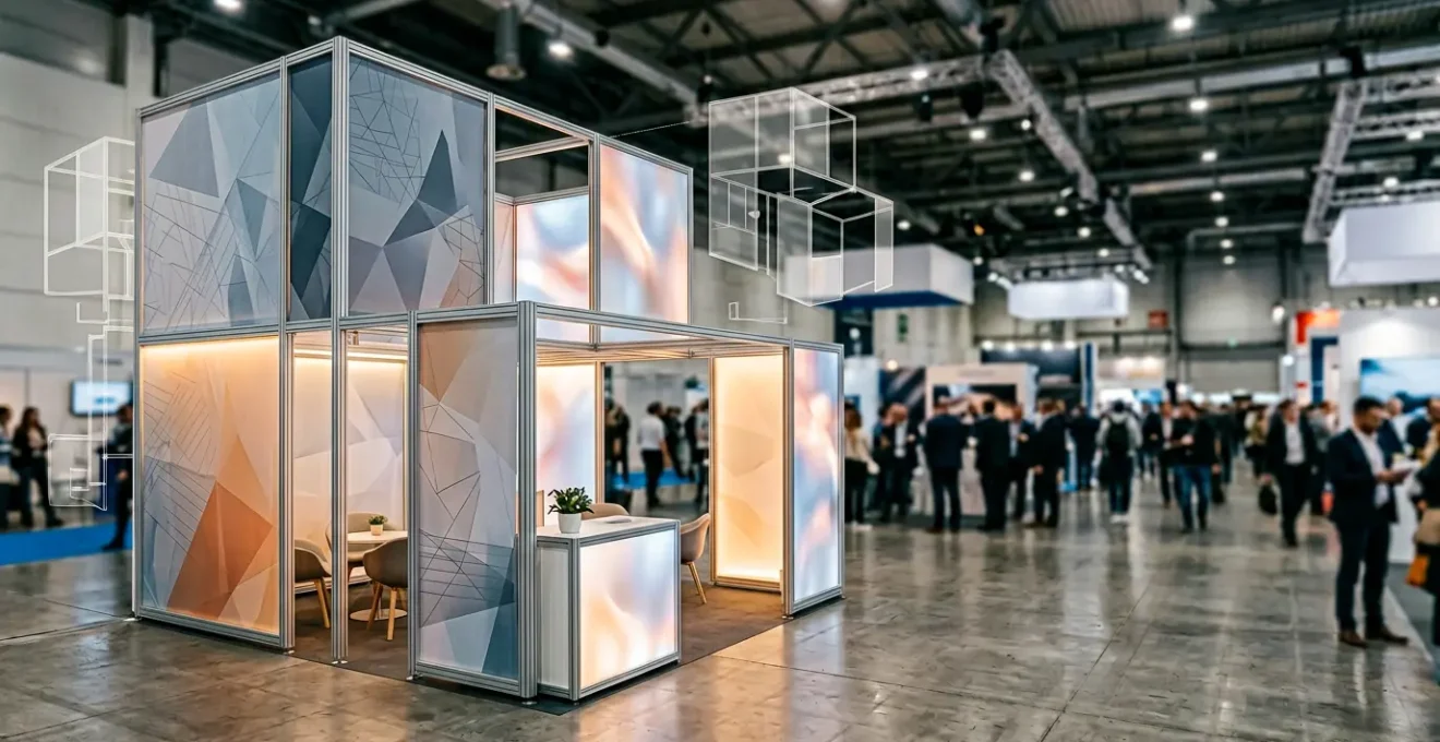 Vue panoramique d'un stand modulaire moderne dans un salon professionnel, structure aluminium avec panneaux interchangeables