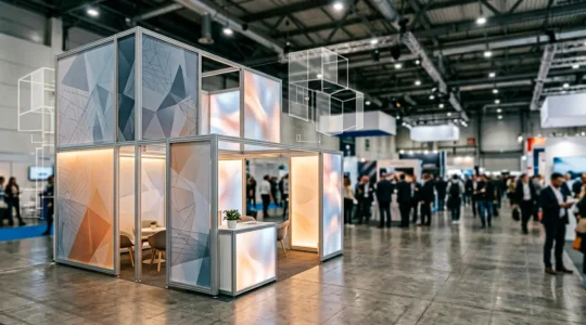 Vue panoramique d'un stand modulaire moderne dans un salon professionnel, structure aluminium avec panneaux interchangeables