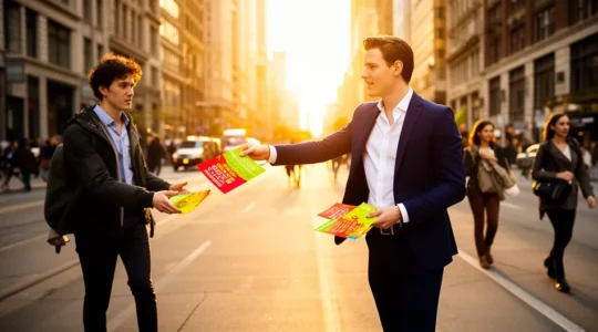 Distribution de flyers dans un environnement urbain animé