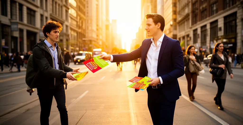 Distribution de flyers dans un environnement urbain animé