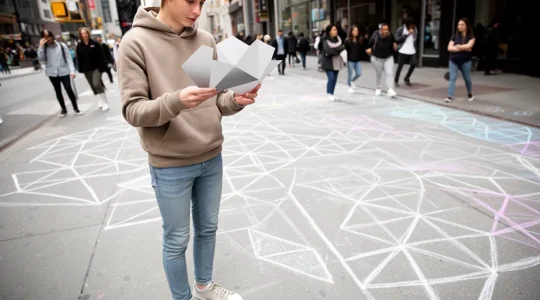Opération de street marketing créative dans un environnement urbain avec marquage au sol et interaction des passants