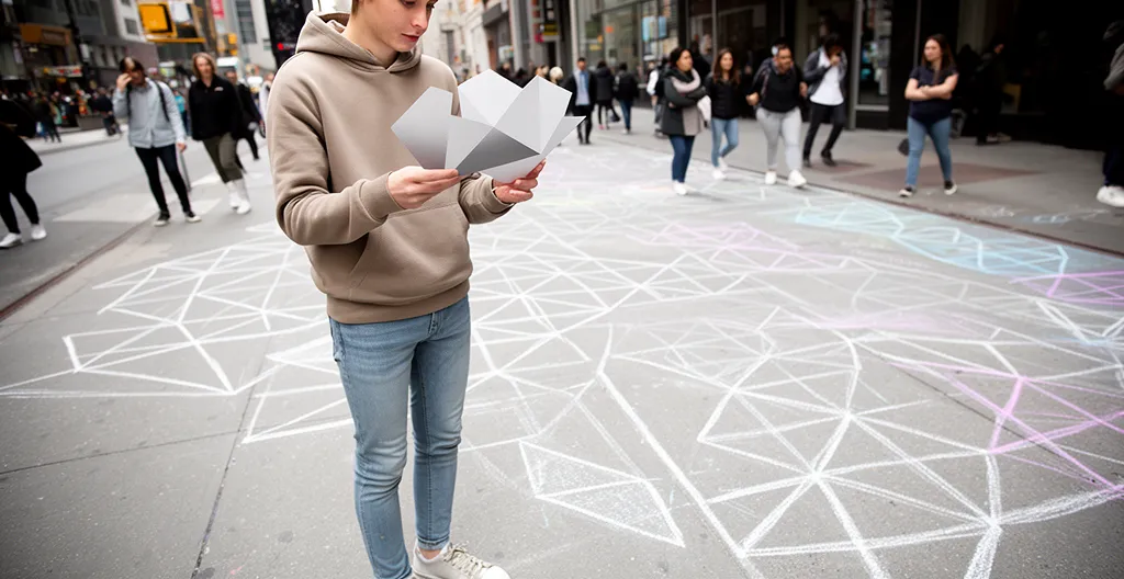 Opération de street marketing créative dans un environnement urbain avec marquage au sol et interaction des passants