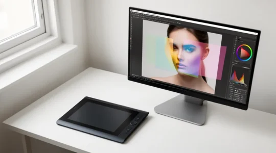 Photographe professionnel utilisant une tablette graphique pour un détourage de précision sur un écran calibré