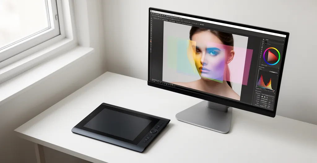 Photographe professionnel utilisant une tablette graphique pour un détourage de précision sur un écran calibré