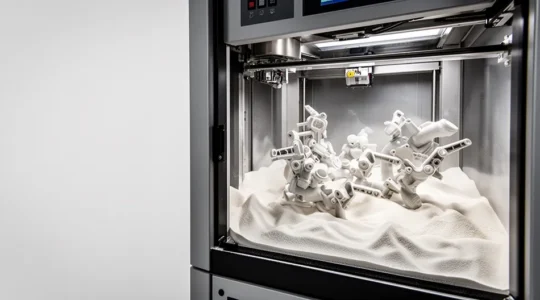 Vue d'ensemble d'une production SLS avec pièces mécaniques complexes dans la chambre de frittage