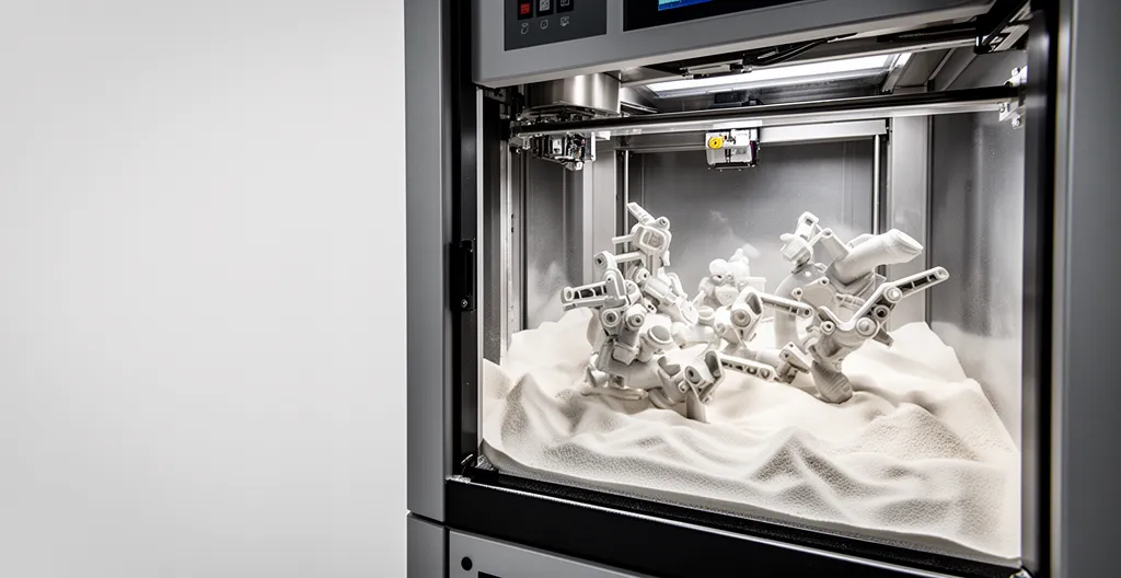 Vue d'ensemble d'une production SLS avec pièces mécaniques complexes dans la chambre de frittage