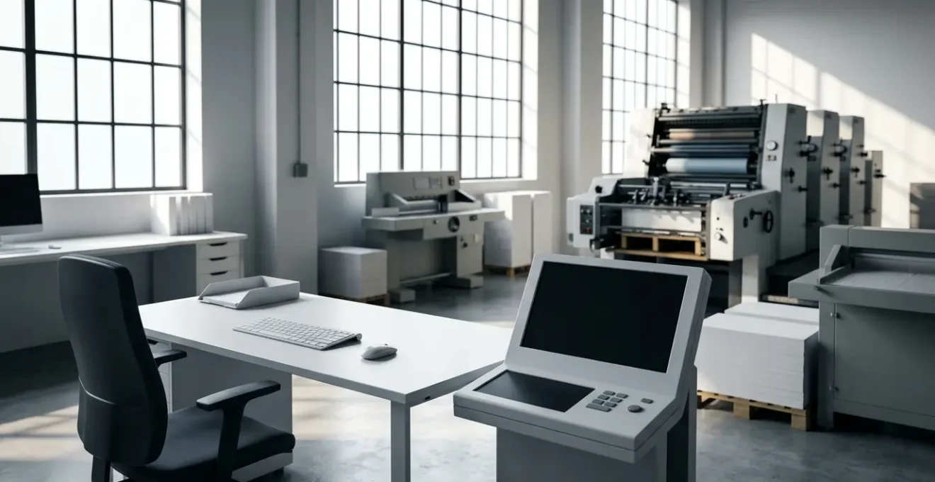 Vue d'une imprimerie moderne avec équipements numériques et connexion web représentée de manière symbolique