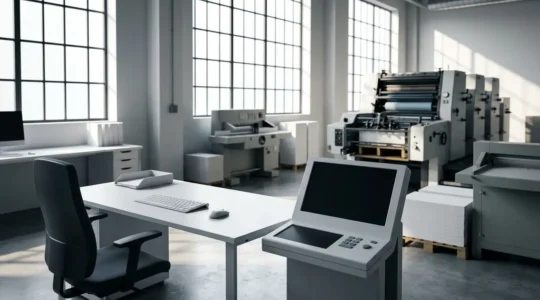 Vue d'une imprimerie moderne avec équipements numériques et connexion web représentée de manière symbolique