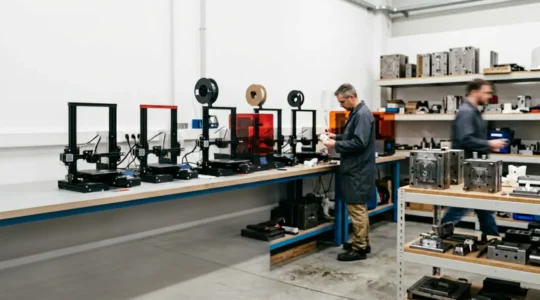 Prototype mécanique complexe en cours de test de résistance avec équipement de mesure professionnel