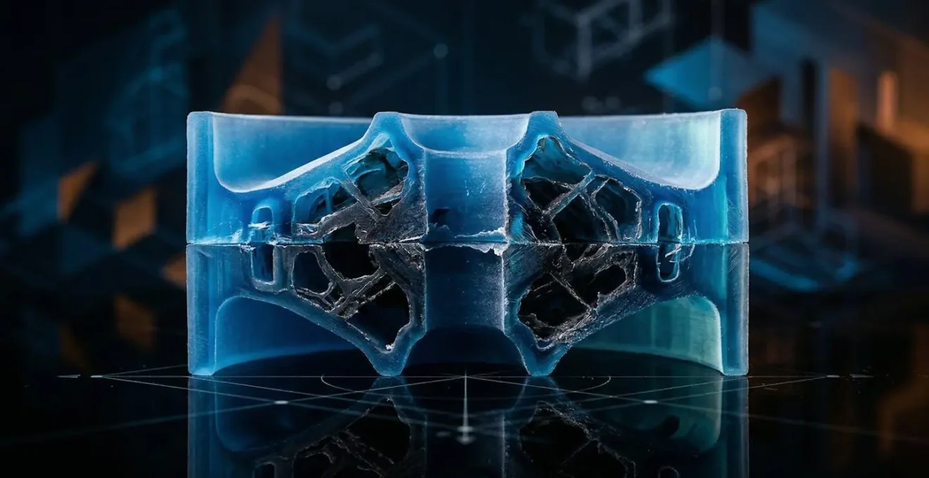 Vue en coupe d'un modèle 3D montrant l'analyse interne pour détecter les erreurs de maillage