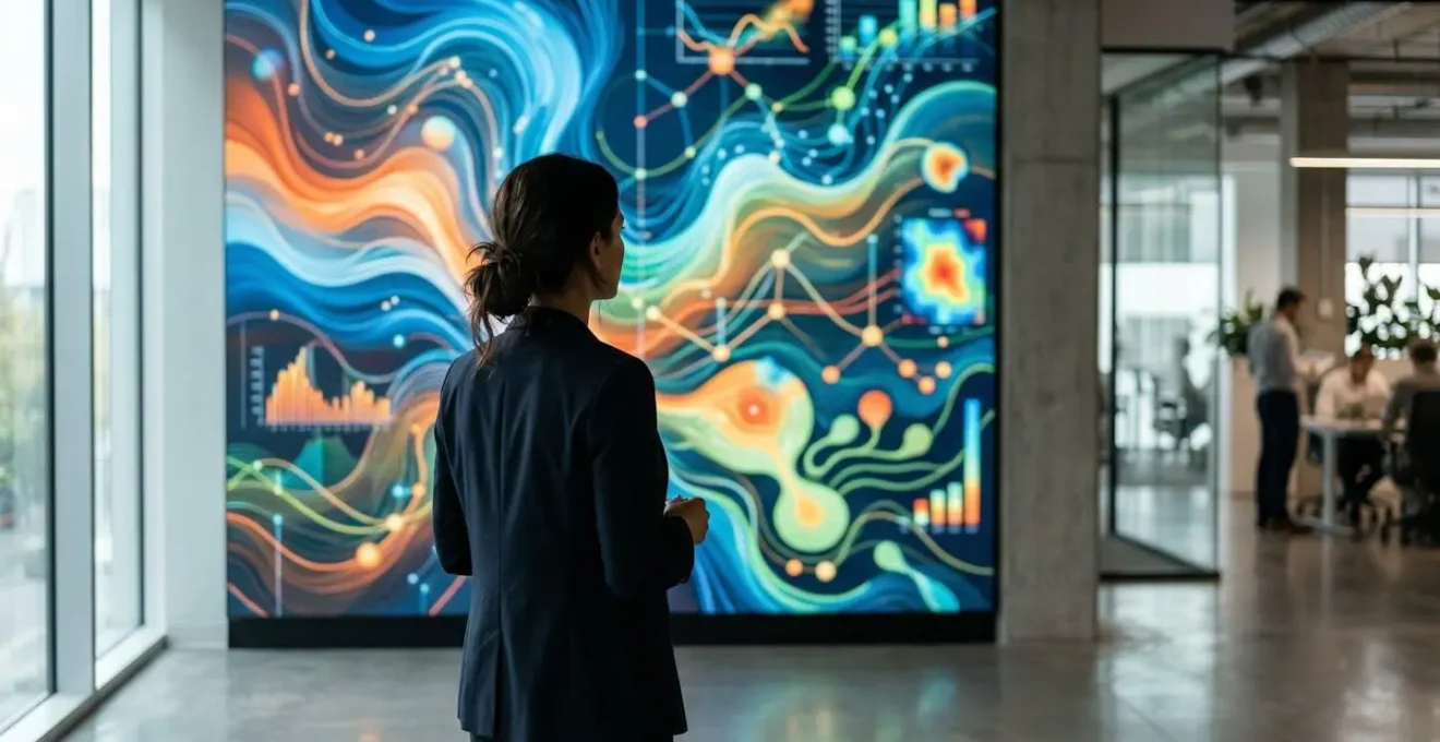 Employé observant un tableau de bord numérique abstrait représentant l'automatisation des flux d'impression