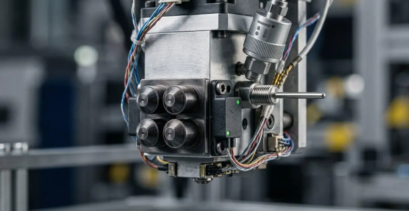 Vue macro d'une tête d'impression industrielle équipée de multiples capteurs de vibration et température pour maintenance prédictive