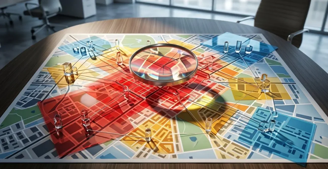 Carte urbaine avec zones colorées représentant différentes densités de trafic et points d'intérêt commerciaux