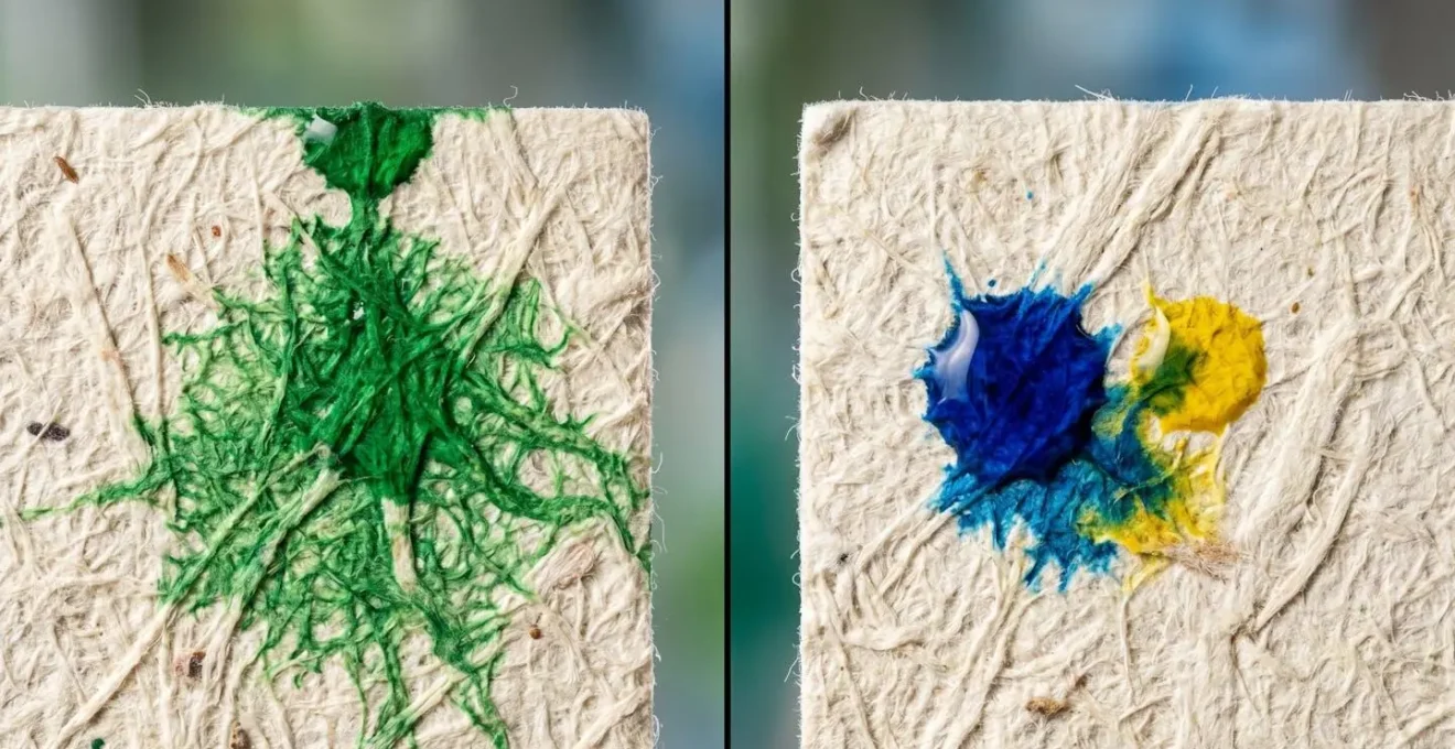 Vue macro d'encres végétales colorées sur papier texturé montrant la différence de composition