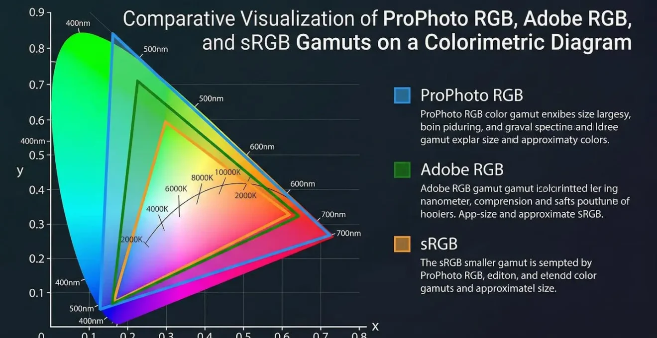 Visualisation comparative des gamuts ProPhoto RGB, Adobe RGB et sRGB sur un diagramme colorimétrique