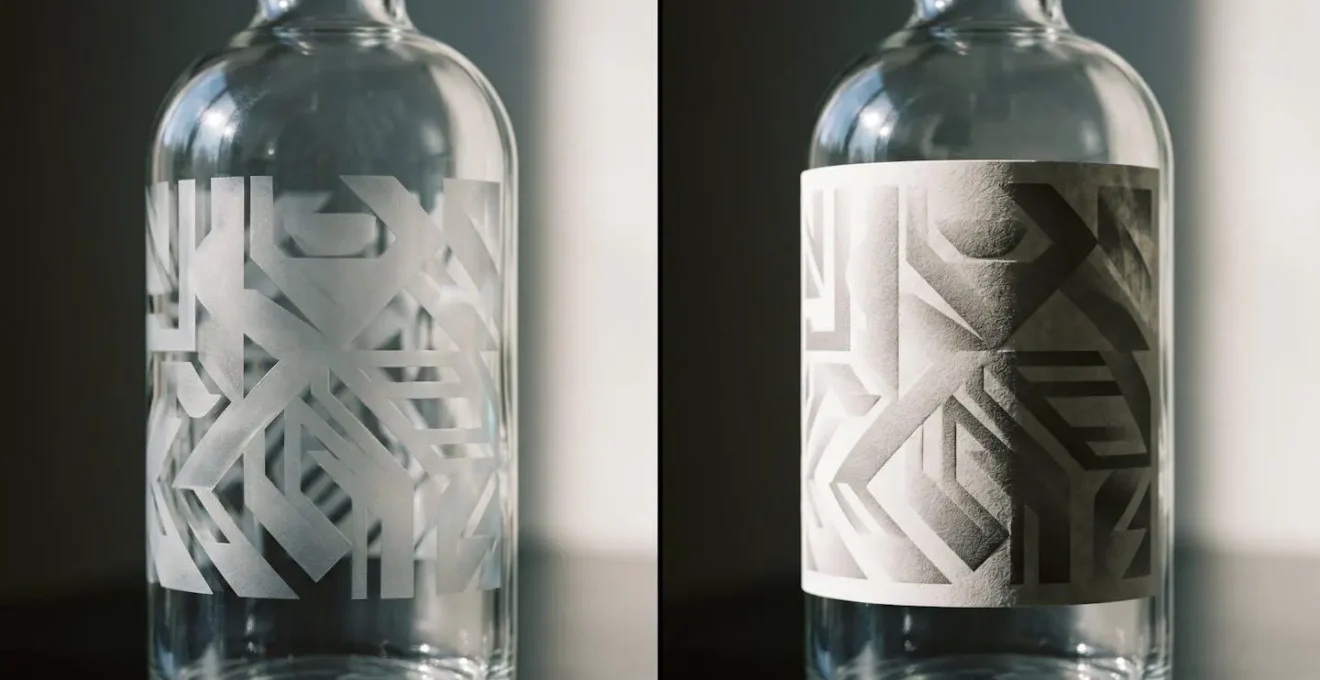 Comparaison visuelle entre marquage laser direct et étiquetage adhésif sur bouteilles en verre
