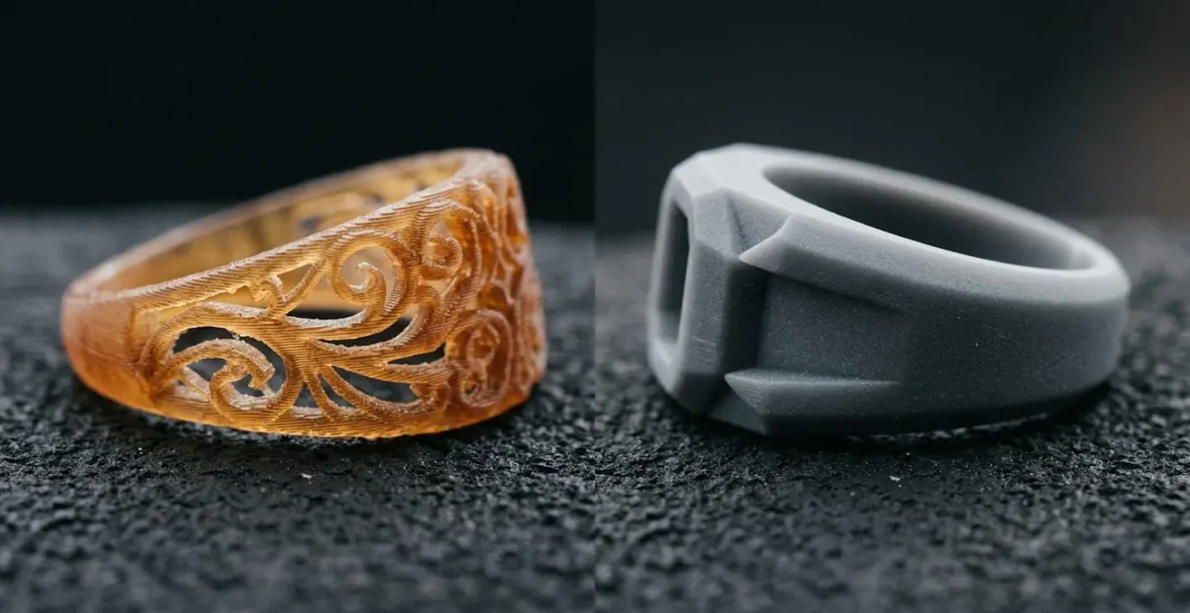 Comparaison visuelle entre pièces imprimées en résine standard et tough pour bijouterie