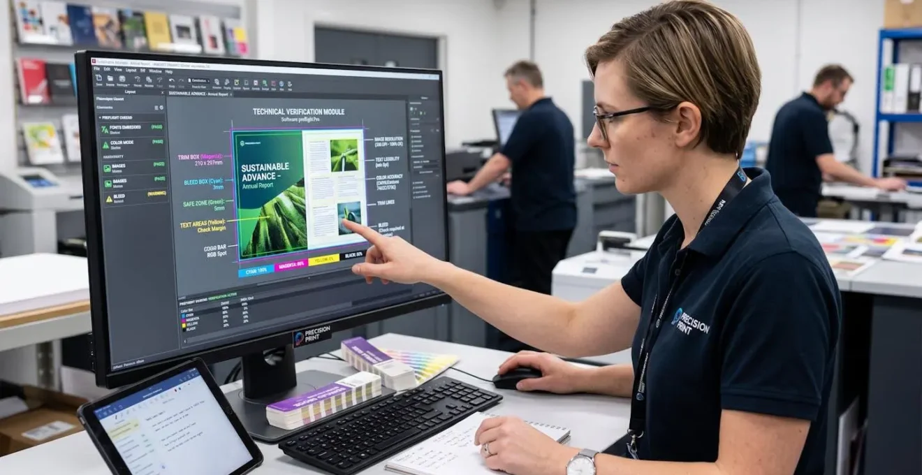 Vérification technique d'un fichier d'impression avec zones de contrôle visualisées