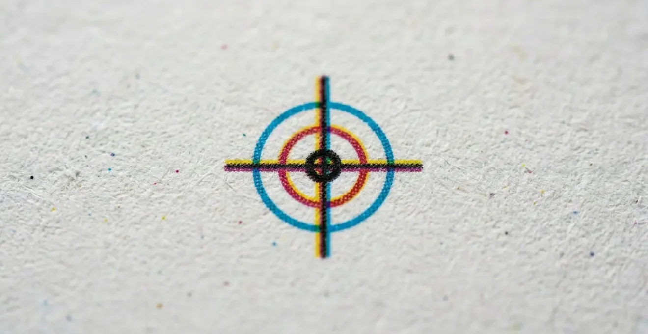 Détail macro d'une mire de repérage offset montrant l'alignement parfait des quatre couleurs CMJN