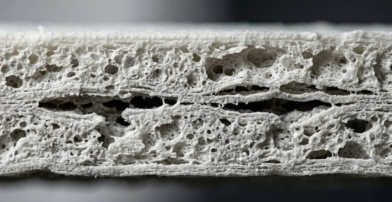 Vue microscopique montrant les défauts internes d'une pièce en nylon imprimée avec filament humide