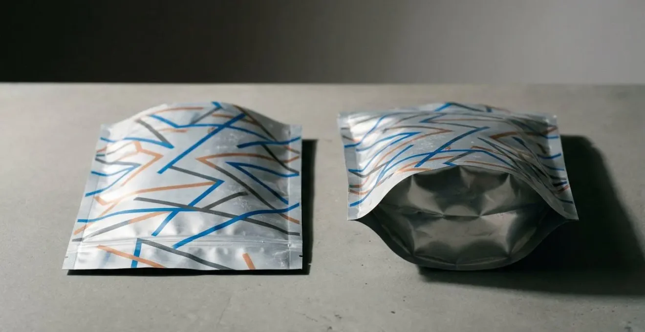 Comparaison côte à côte de sachets Doypack vides et remplis montrant l'effet de la déformation sur le design graphique