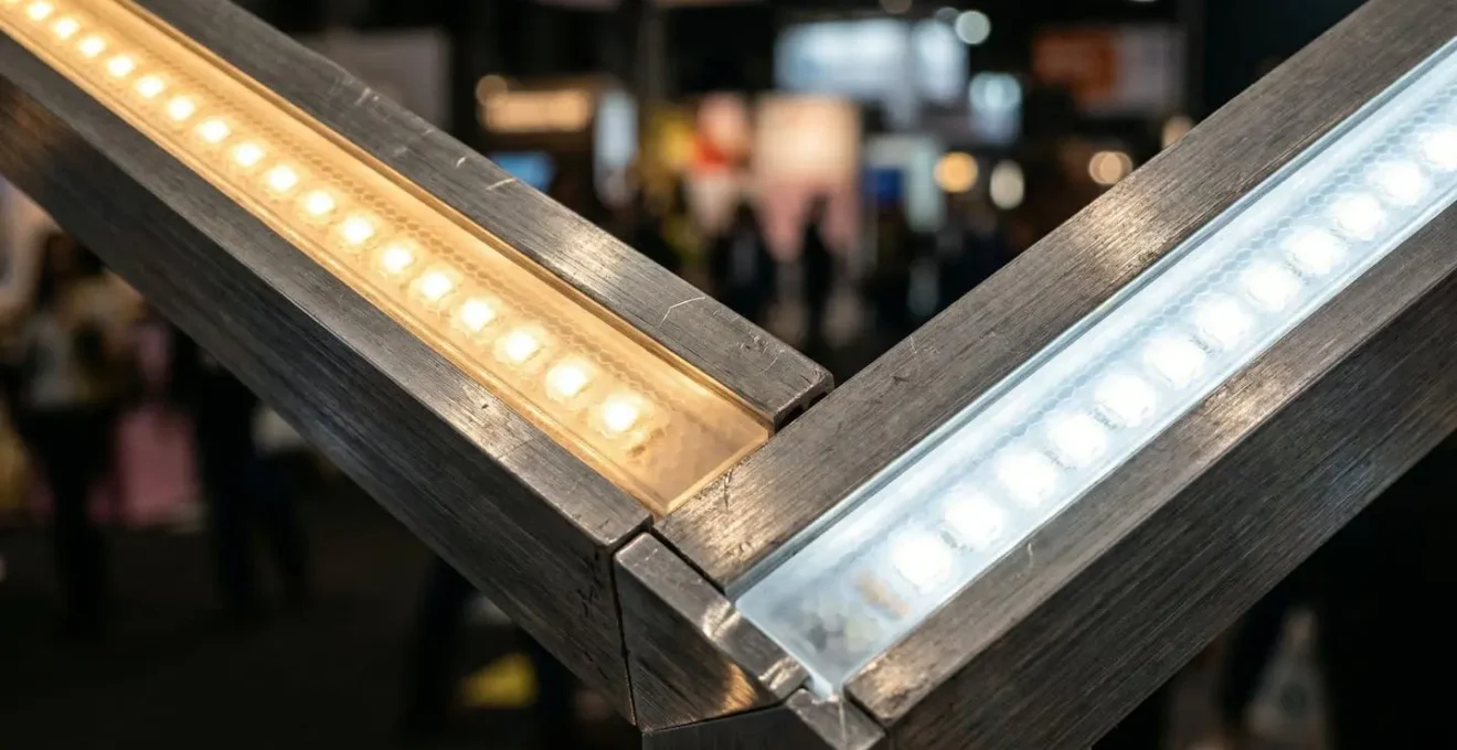 Gros plan sur système d'éclairage LED modulable avec différentes températures de couleur créant des zones d'ambiance