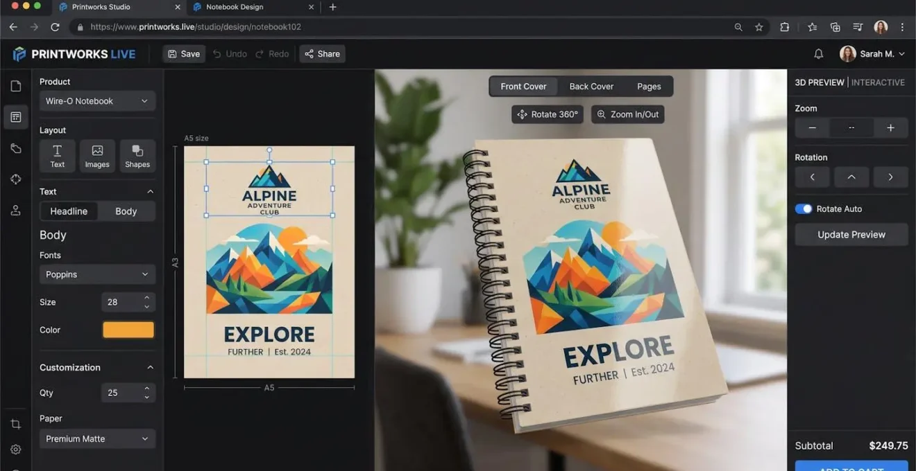 Interface d'édition en ligne moderne avec prévisualisation 3D du produit imprimé