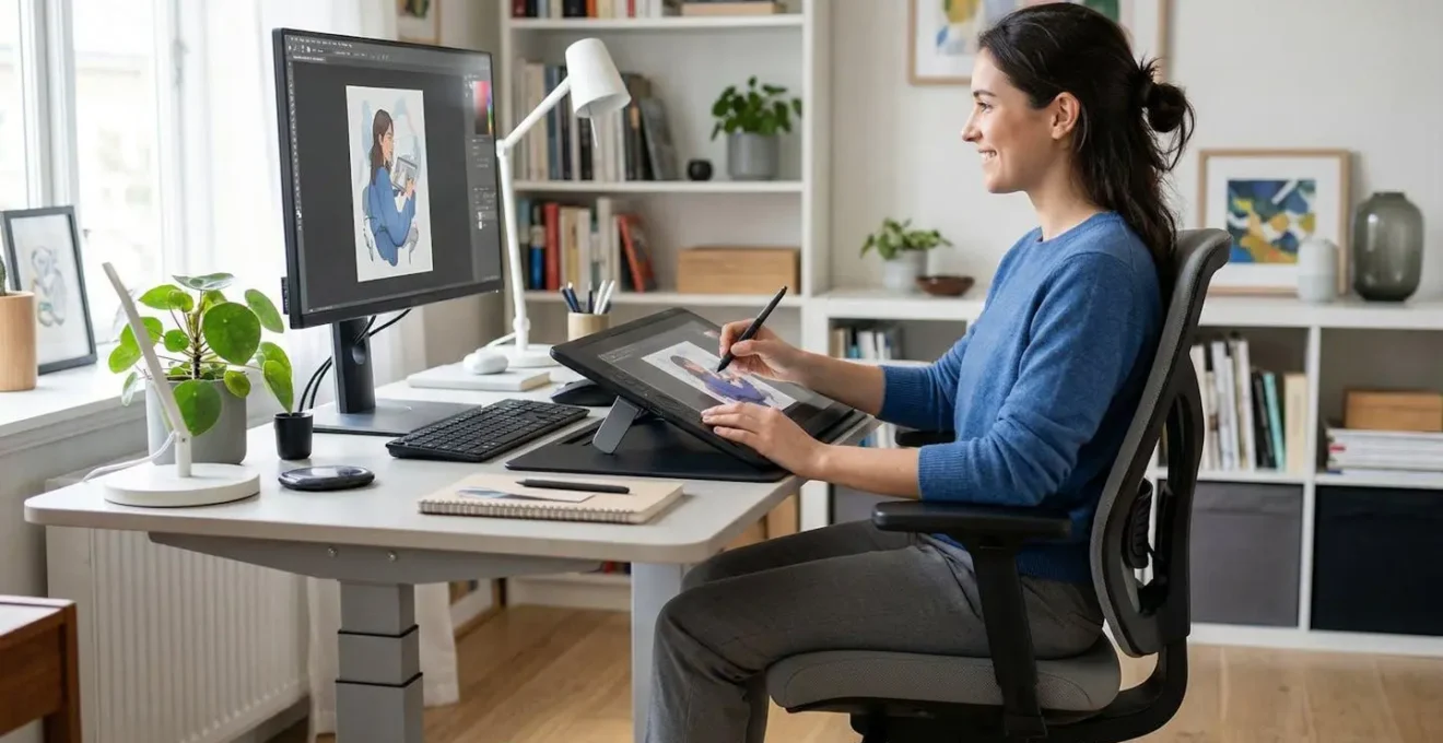 Démonstration de la posture ergonomique correcte avec stylet et tablette graphique