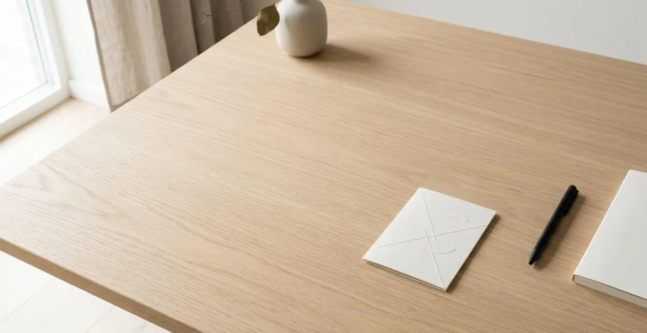 Vue aérienne d'un bureau épuré avec une carte de visite minimaliste posée sur surface blanche
